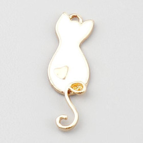 Pendentifs Breloques Chat Blanc Émaillé 23mm – Métal Doré