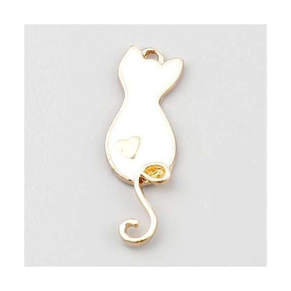 Pendentifs Breloques Chat Blanc Émaillé 23mm – Métal Doré