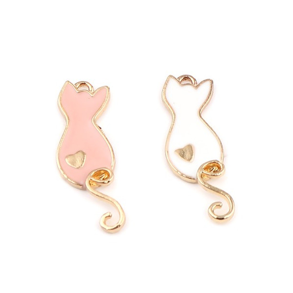 Pendentifs Breloques Chat Blanc Émaillé 23mm – Métal Doré
