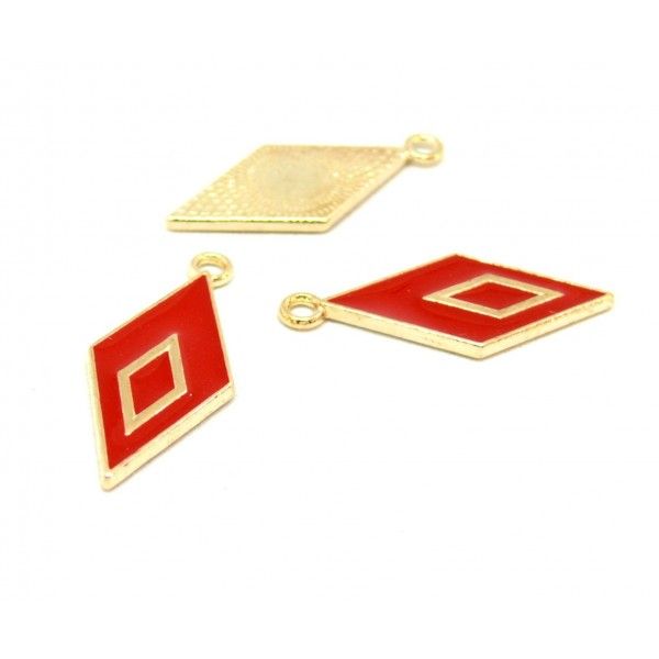 pendentifs Losange style emaillé 28 par 12 mm Rouge metal couleur Doré