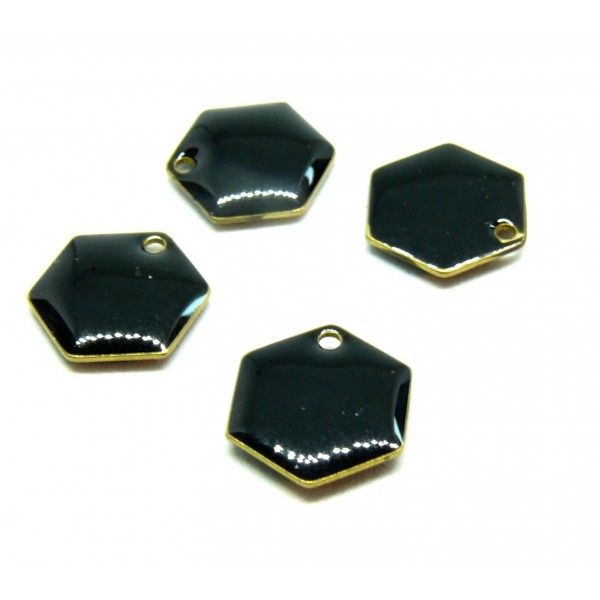 Ref 1 PAX 2 pendentifs Hexagone style emaillé 12 mm  Noir metal couleur Bronze Doré