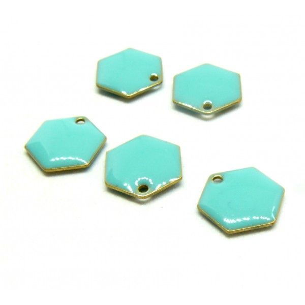 Pendentifs Hexagone style emaillé 12 mm Turquoise metal couleur Bronze Doré