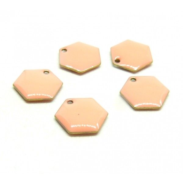 Ref 1 PAX 2 pendentifs Hexagone style emaillé 12 mm Rose Saumon metal couleur Bronze Doré