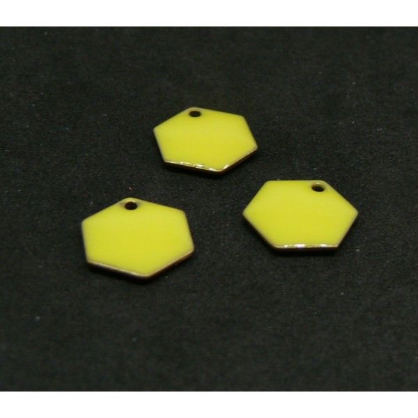 Ref 1 PAX 2 pendentifs Hexagone style emaillé 12 mm  Jaune metal couleur Bronze Doré