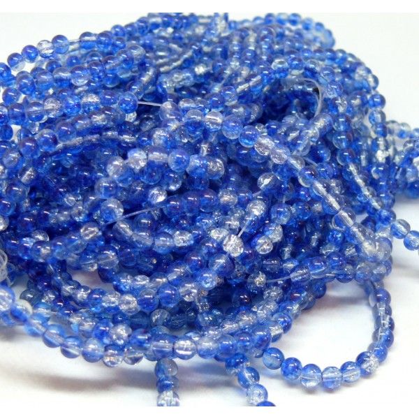 REF2O5518 Lot 1 fil environ 200 perles de verre craquelé bicolore Bleu et blanc 4mm 
