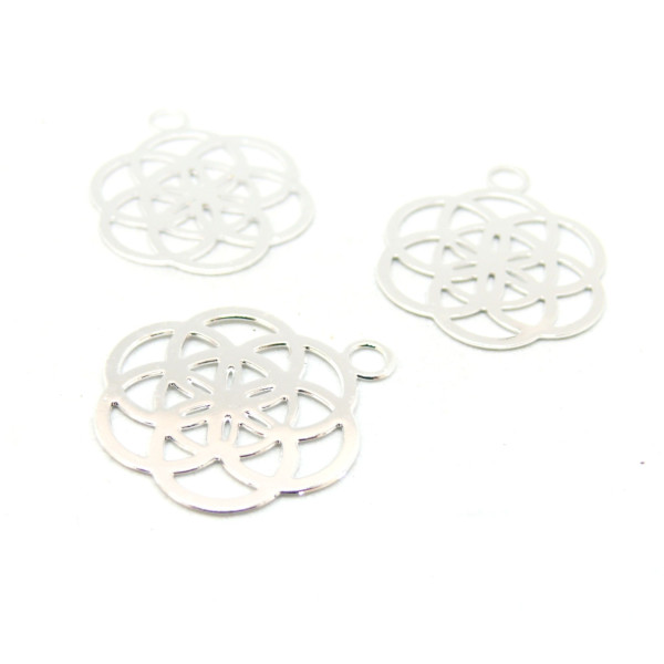 HD52202S PAX 4 Estampes, pendentif filigrane, style Rosace, Mandala 20 mm, Laiton coloris Argent Vif