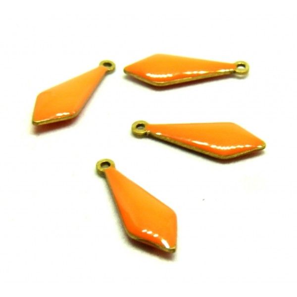 Ref 2 PAX 2 pendentifs forme  Pampilles style emaillé 5 par 16 mm Orange metal couleur Bronze Doré