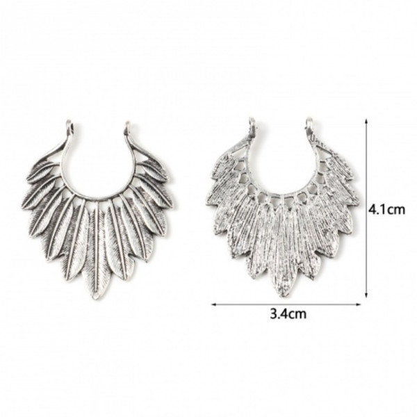 Pendentifs, Connecteur Plumes 41 mm, métal coloris Argent Antique