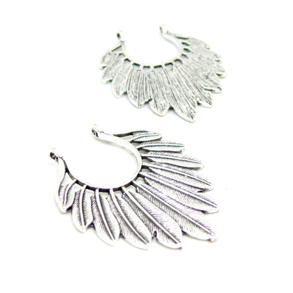 Pendentifs, Connecteur Plumes 41 mm, métal coloris Argent Antique