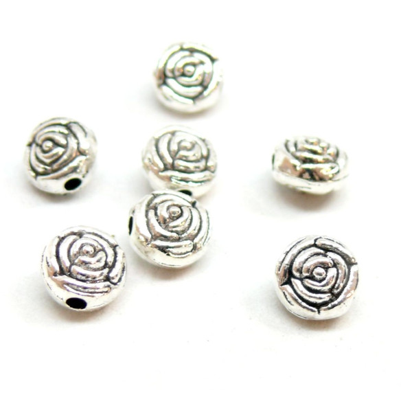 PS110117681 PAX 20 perles intercalaires, PLATES RONDES 7 mm, Forme Fleurs, metal couleur Argent Antique