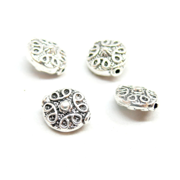 Perles intercalaires, PLATES RONDES 11 mm, Arabesque, metal couleur Argent Antique