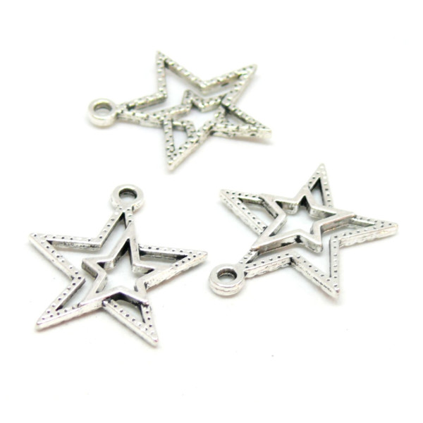 pendentifs breloque DUO étoiles 21 mm metal coloris ARGENT ANTIQUE