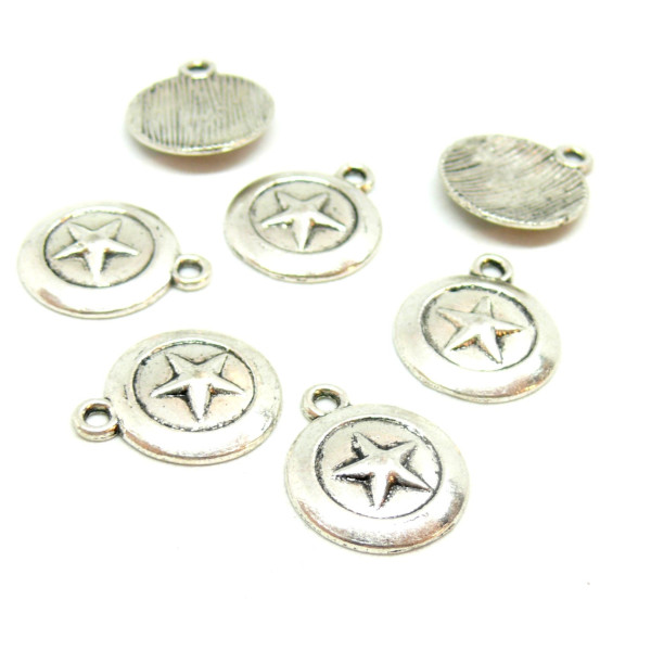 10 BRELOQUES PENDENTIFS ROND medaillon etoile ref 42 Metal ARGENT ANTIQUE