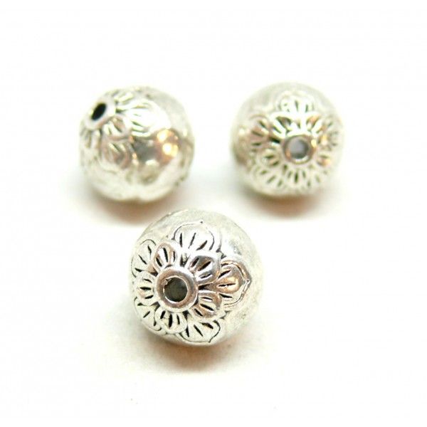 ZN63530 PAX 5 perles intercalaires Rondes, Fleur 10 mm, metal couleur Argent Antique
