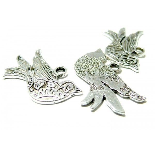 Lot de 2 pendentifs breloque oiseau stylisé métal couleur Argent Antique Ref51