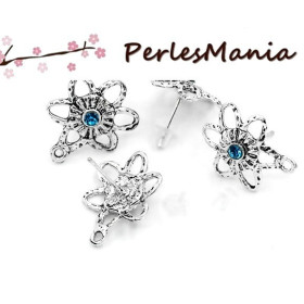 PAX: 30 Supports de Boucle d'oreille puce FLEUR et strass BLEU avec attache VIEIL ARGENT et 50 poussoirs plastique S1123292