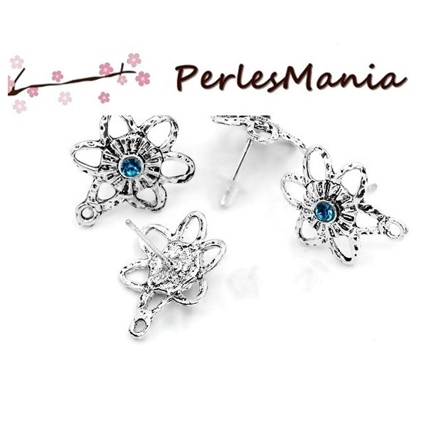 PAX: 30 Supports de Boucle d'oreille puce FLEUR et strass BLEU avec attache VIEIL ARGENT et 50 poussoirs plastique S1123292