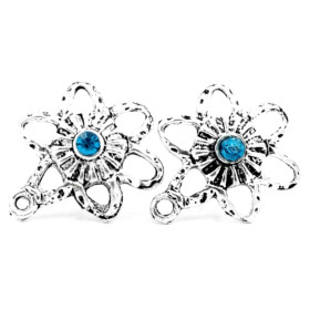 Supports de Boucle d'oreille puce FLEUR et strass BLEU 19 mm avec attache métal coloris Argent Antique et 10 poussoirs plastique