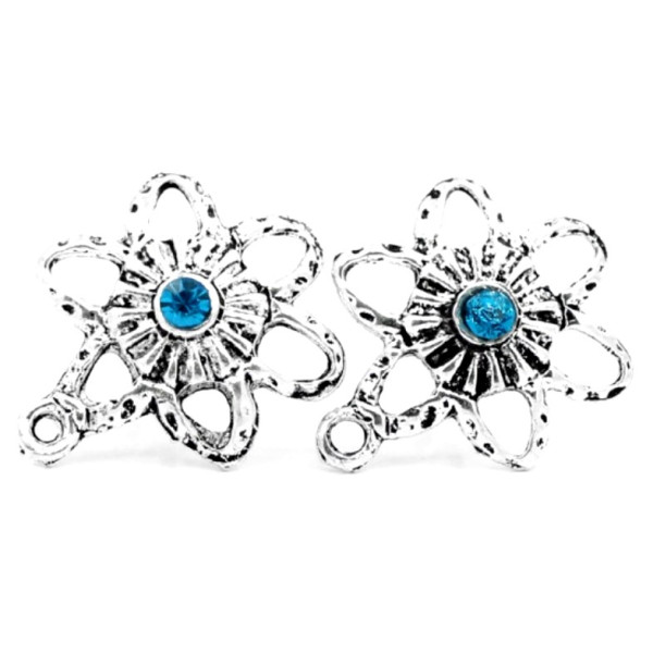 Supports de Boucle d'oreille puce FLEUR et strass BLEU 19 mm avec attache métal coloris Argent Antique et 10 poussoirs plastique