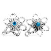 Supports de Boucle d'oreille puce FLEUR et strass BLEU 19 mm avec attache métal coloris Argent Antique et 10 poussoirs plastique