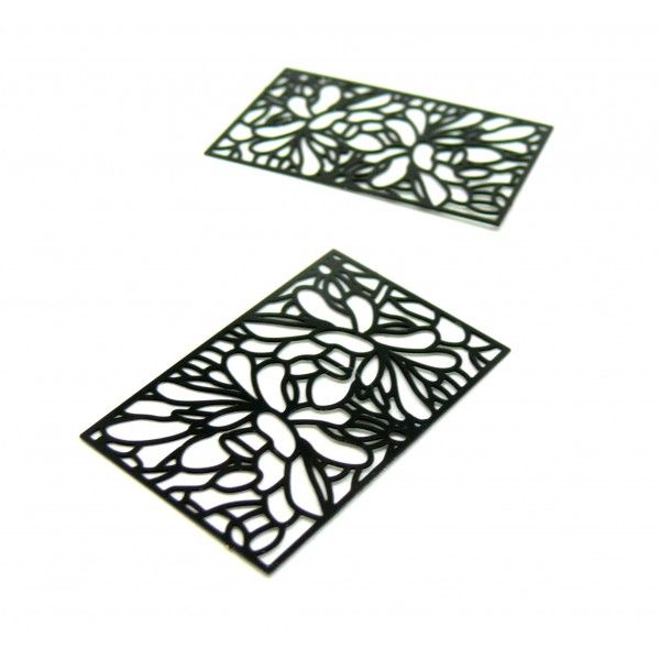 Estampes - pendentif connecteur, filigrane Rectangle Fleur 40 par 25 mm - cuivre coloris Noir