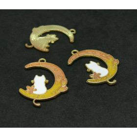 pendentifs - Chat sur Lune Kawai 17 mm - style emaille - metal Doré