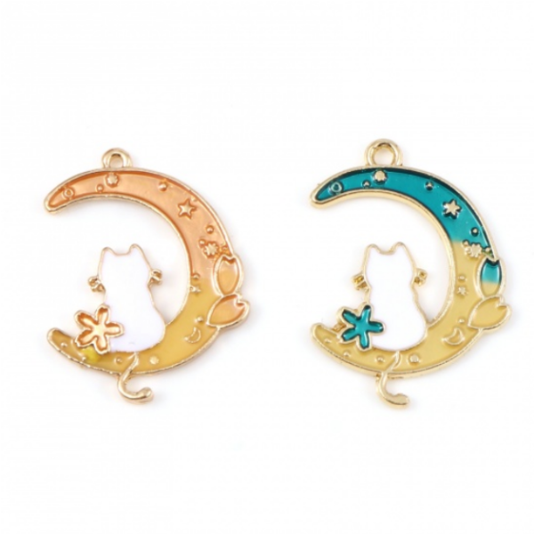 PS11719445 – Lot de 4 Pendentifs Chat sur Lune Kawai 17 mm – Émail & Métal Doré