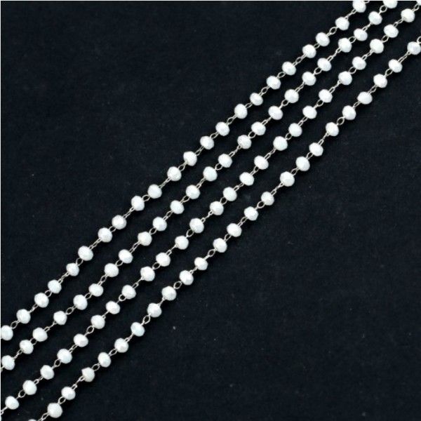 PS110236279 PAX 1 mètre - chaine - Perles en verre facettée Blanche 3.5 par 2mm - Acier Inoxydable - base Argenté