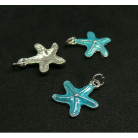 Pendentifs résine style émaillés, Etoile de Mer Bleu Turquoise 21mm, sur une base en métal Argenté