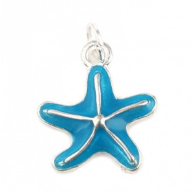 Pendentifs résine style émaillés, Etoile de Mer Bleu Turquoise 21mm, sur une base en métal Argenté