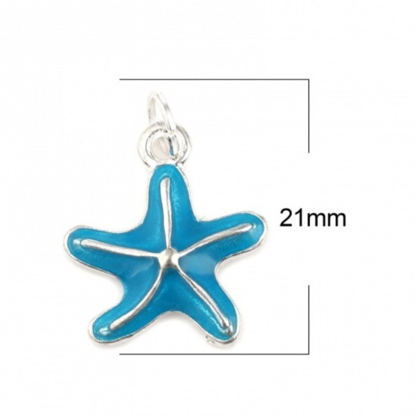 PS11657262 – Lot de 2 ou 4 Sequins Émaillés Étoile de Mer 21mm – Résine Bleu Turquoise & Métal Argenté