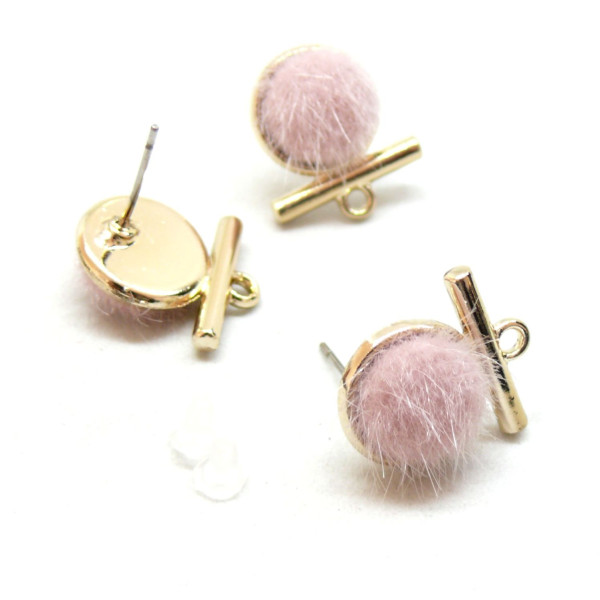 Boucles d’oreille Puce à Pompons Rose 12mm avec Attache – Métal Doré (avec embouts plastiques)