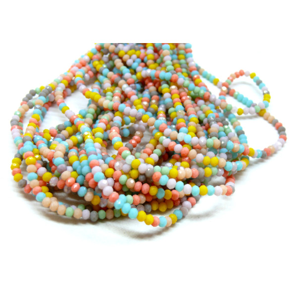 Perles Rondelles à facettes en verre 3 par 2.5mm multicolores coloris Pastel