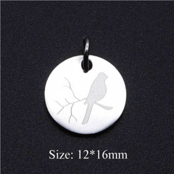 Pendentifs - Médaille Oiseau sur branche avec anneau- 16 mm - Argenté en Acier Inoxydable 304