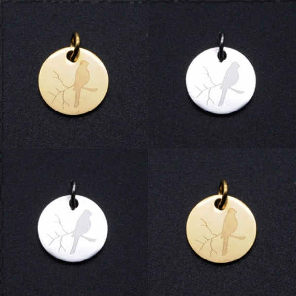 Pendentifs - Médaille Oiseau sur branche avec anneau- 16 mm - Argenté en Acier Inoxydable 304