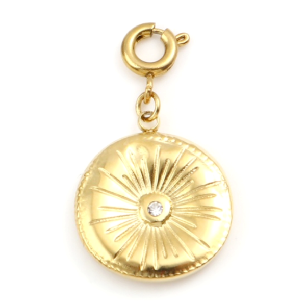 PS11830407 – Lot de 1 Pendentif Rond avec Mousqueton & Rhinestone 17mm – Acier Inoxydable 304 Doré