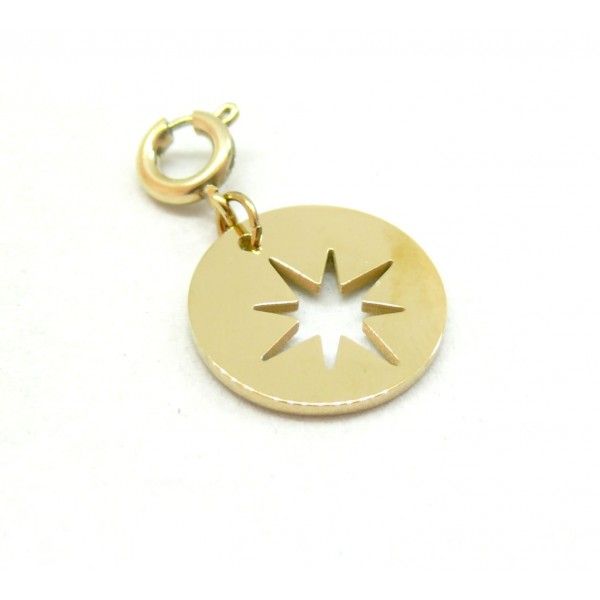 Pendentif médaillon avec étoile 14 mm avec mousquetons  - Doré en Acier Inoxydable 304 - pour bijoux raffinés