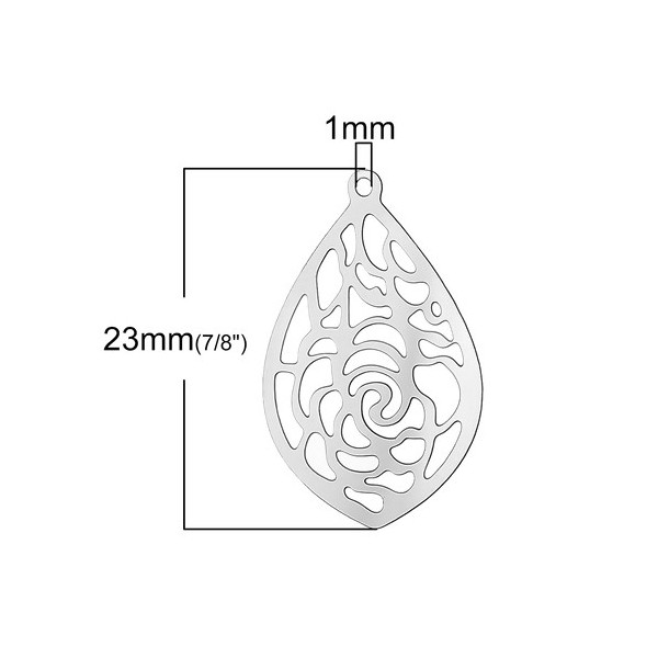 PS1156947 – Lot de 5 ou 10 Estampes Filigrane Goutte Larme Travaillée 23mm – Acier Inoxydable 304 Argenté
