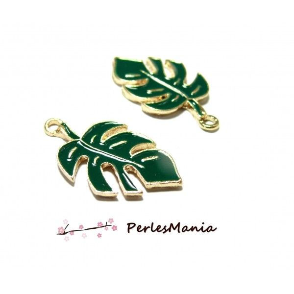 Breloques pendentifs feuille de philodendron Montserrat 29mm résine style émaillé sur base dorée