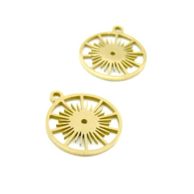 BU11211102133057 – Lot de 1 ou  2 Pendentifs Soleil dans Cercle 15mm – Acier Inoxydable 304 Doré