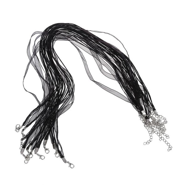 Colliers Organza et Corde 4 rangées Noir avec fermoir mousqueton 12mm et chaînette d'extension de 5.5cm