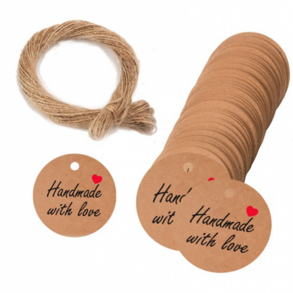 Étiquettes Rondes 3 cm Handmade with love en KRAFT avec 20 mètres de corde en jute