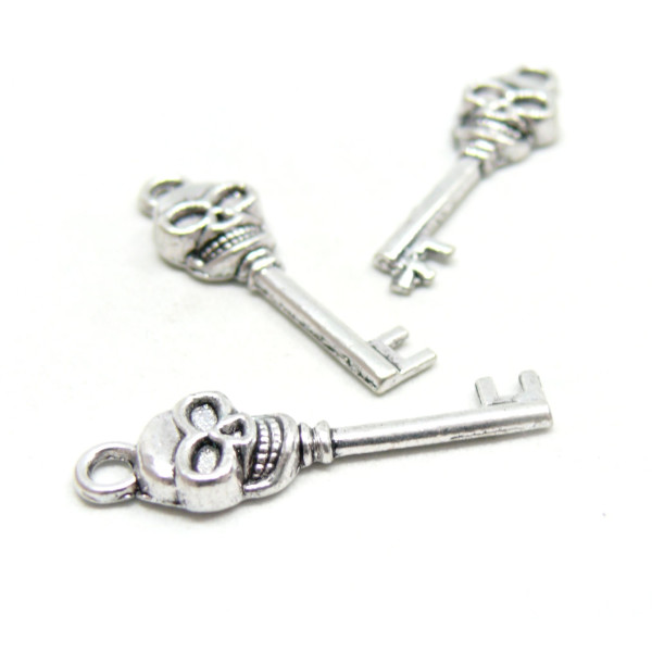 Ref 100 – Lot de 10 pendentifs clefs crâne 33mm – Métal argent antique