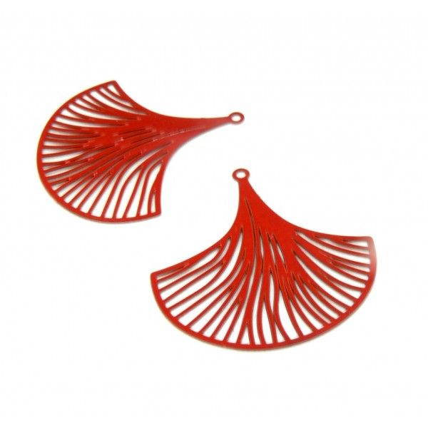 AE115676 Lot de 2 Estampes - pendentif filigrane forme Ginkgo Biloba 24 par 40mm - laiton coloris Rouge