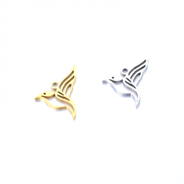 PS11833234 PAX 2 Pendentifs - Oiseau Colibri 15mm - Argenté en Acier Inoxydable 304 - pour bijoux raffinés