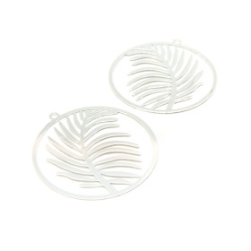 Estampes - pendentif filigrane médaillon avec feuille de Palme 30mm - laiton finition Argent Vif