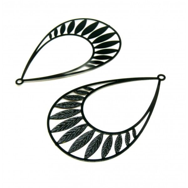 Estampes - pendentif filigrane forme Goutte avec plumes 24 par 40mm - laiton coloris Noir