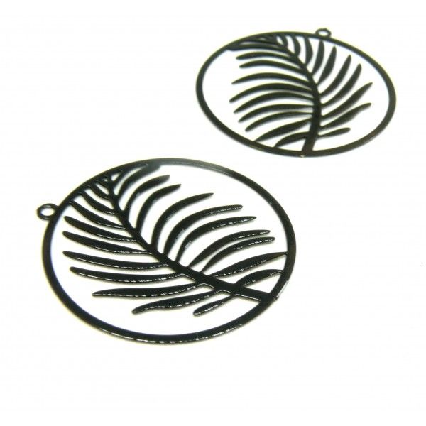Estampes - pendentif filigrane médaillon avec feuille de Palme 30mm - laiton coloris Noir
