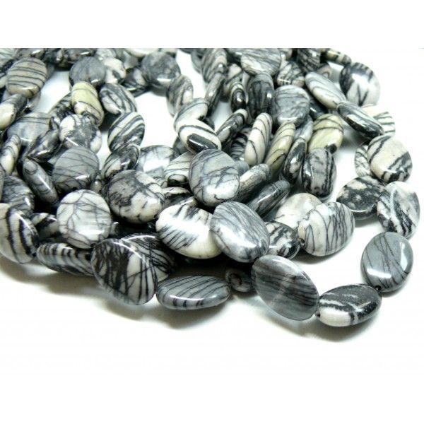 Lot d' environ 19 cm de perles plates Ovale 12 par 18mm Jaspe Toile Araignée