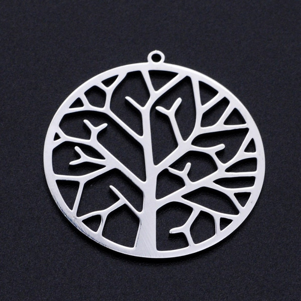 Pendentif, Breloque, Médaille avec Arbre 35 mm, Acier Inoxydable Argenté,  PVD
